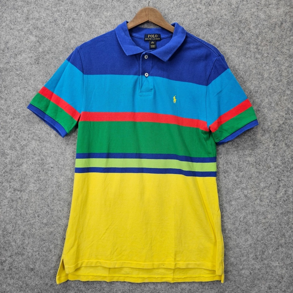 RALPH LAUREN Colorblock Polo Shirt Boys XL 18 20 Navy Yellow Pony Striped 18x28
